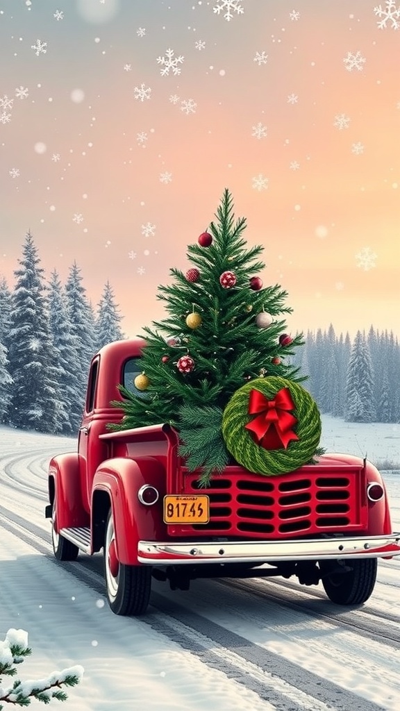 Christmas Aesthetic: Red Truck Wallpaper Vintage red truck with Christmas tree in a snowy landscape wallpaper design.